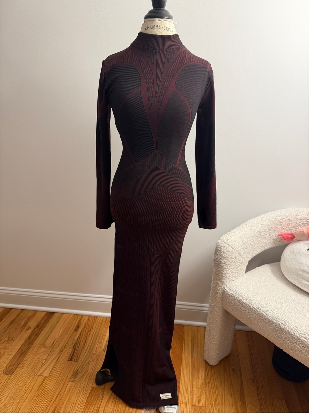 The Giving Movement Long-Sleeve Maxi Dress in Burgundy with Sculpted Knit